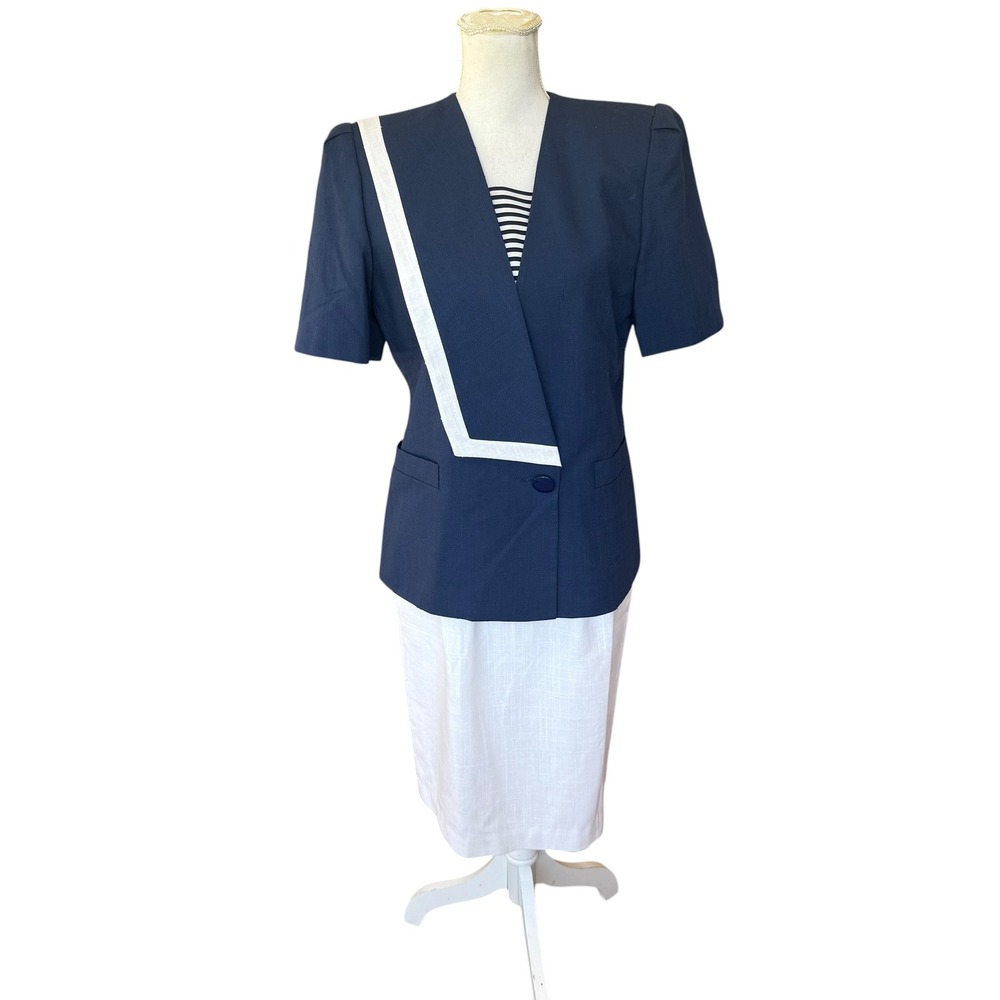 Vintage Robinsons Womens Navy White Nautical Skirt Suit Set Blazer Size 10 USA